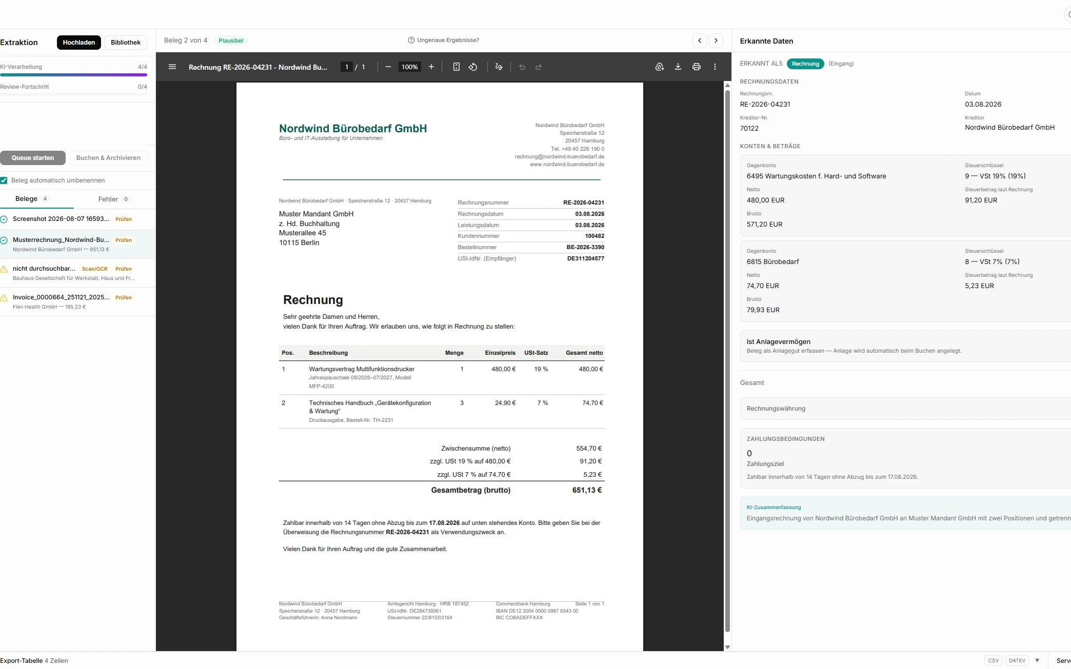 accuno KI-Belegerfassung: Beleg-Upload links, extrahierte Rechnungsdaten rechts.